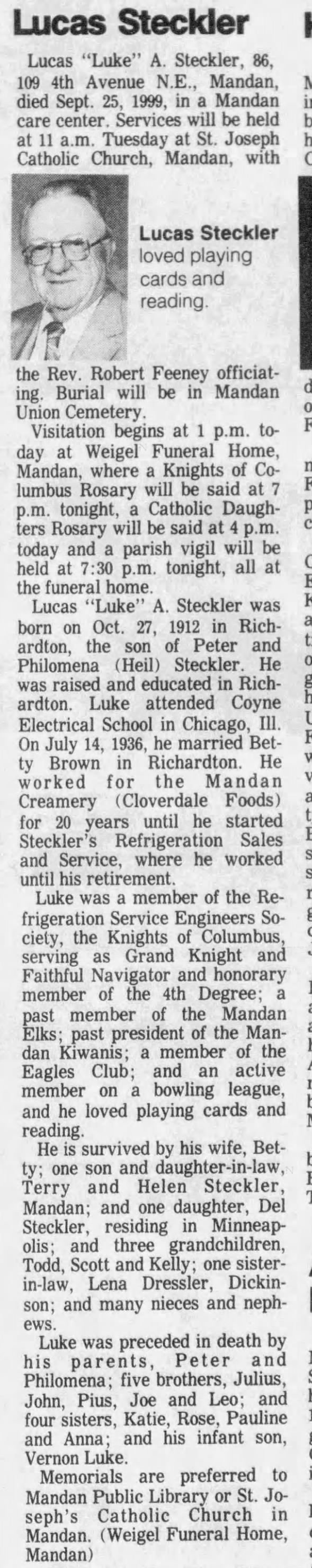 Lucas A Steckler obituary 1999.